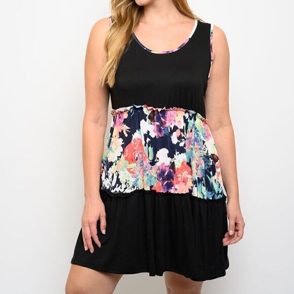 NEW! Beautiful PLUS Size Sleeveless Floral Tiered Mini Dress Boho Style - Picture 1 of 3